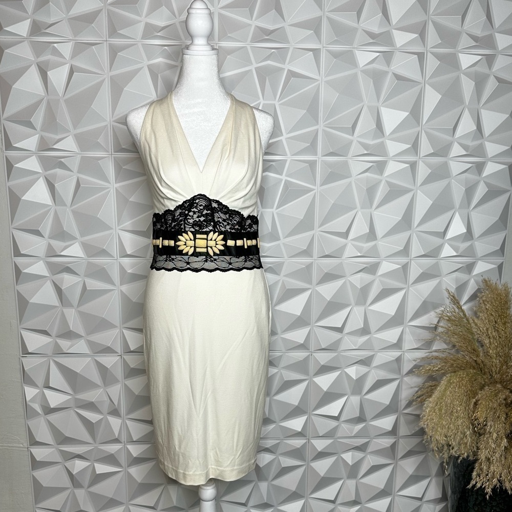 MUSE Women’s Ivory and Black Beaded Bohemian Bodycon V Neck MIDI Dress Size 6